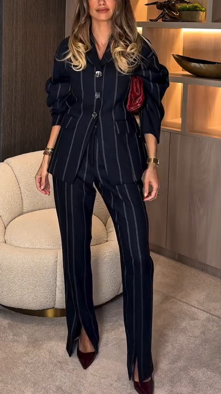 Women Lapel Vertical Stripe Temperament Commuter Suit