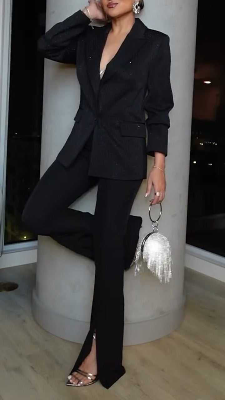 Women Lapel Blazer+ Slit Hem Pants Solid Color Temperament Commuter Suit