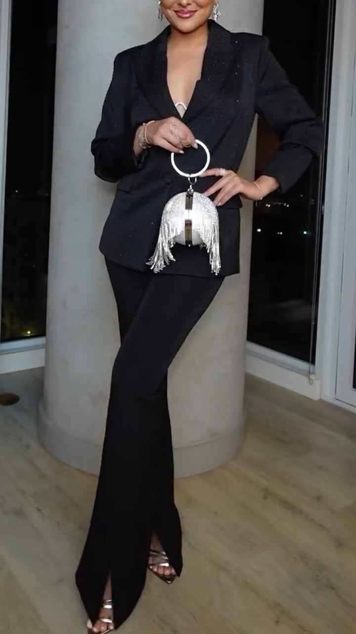 Women Lapel Blazer+ Slit Hem Pants Solid Color Temperament Commuter Suit