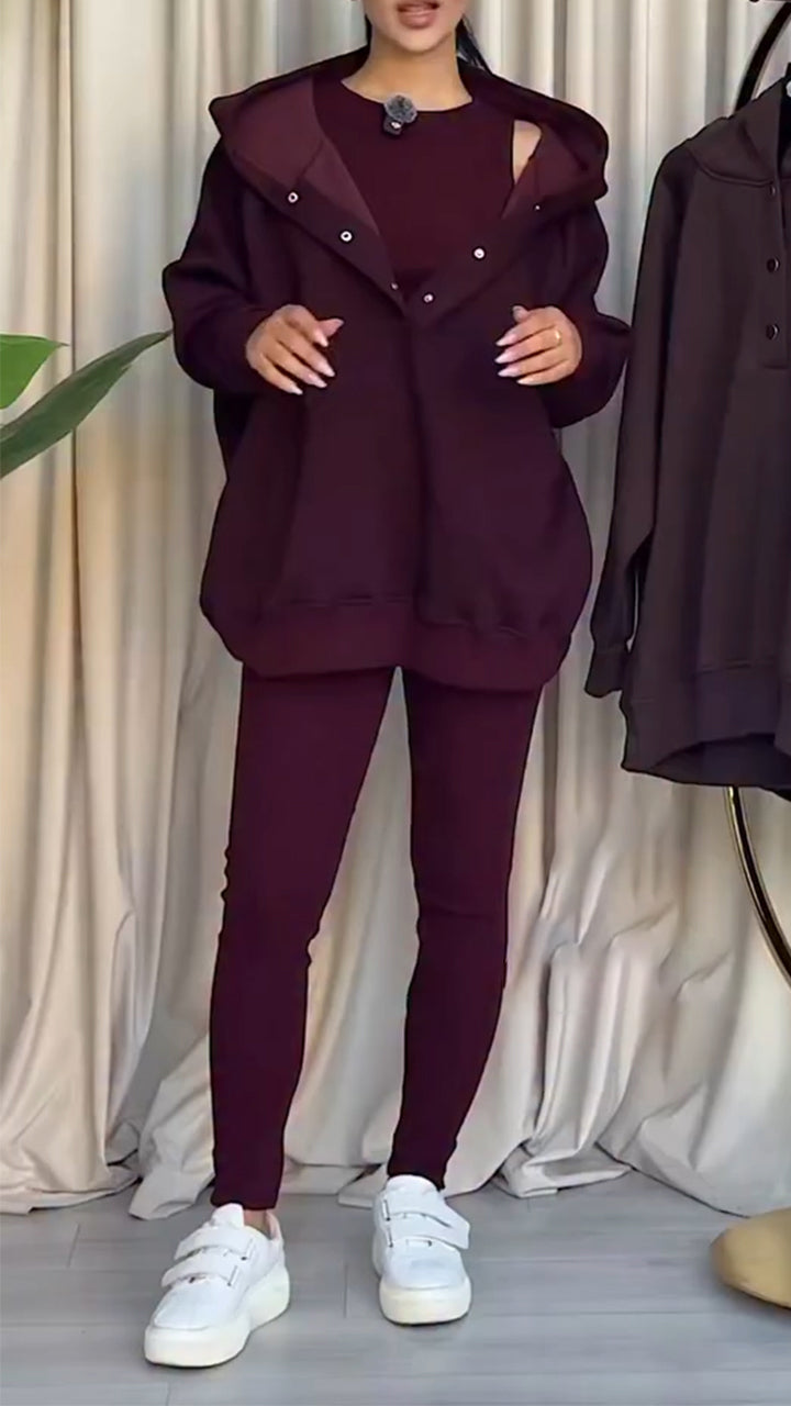 Women Hooded Sweatshirt + Pants Solid Color Casual Suit