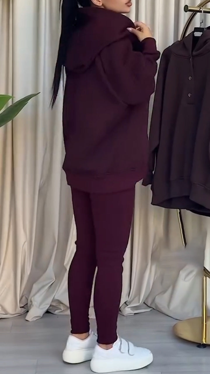 Women Hooded Sweatshirt + Pants Solid Color Casual Suit