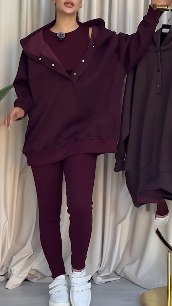 Women Hooded Sweatshirt + Pants Solid Color Casual Suit