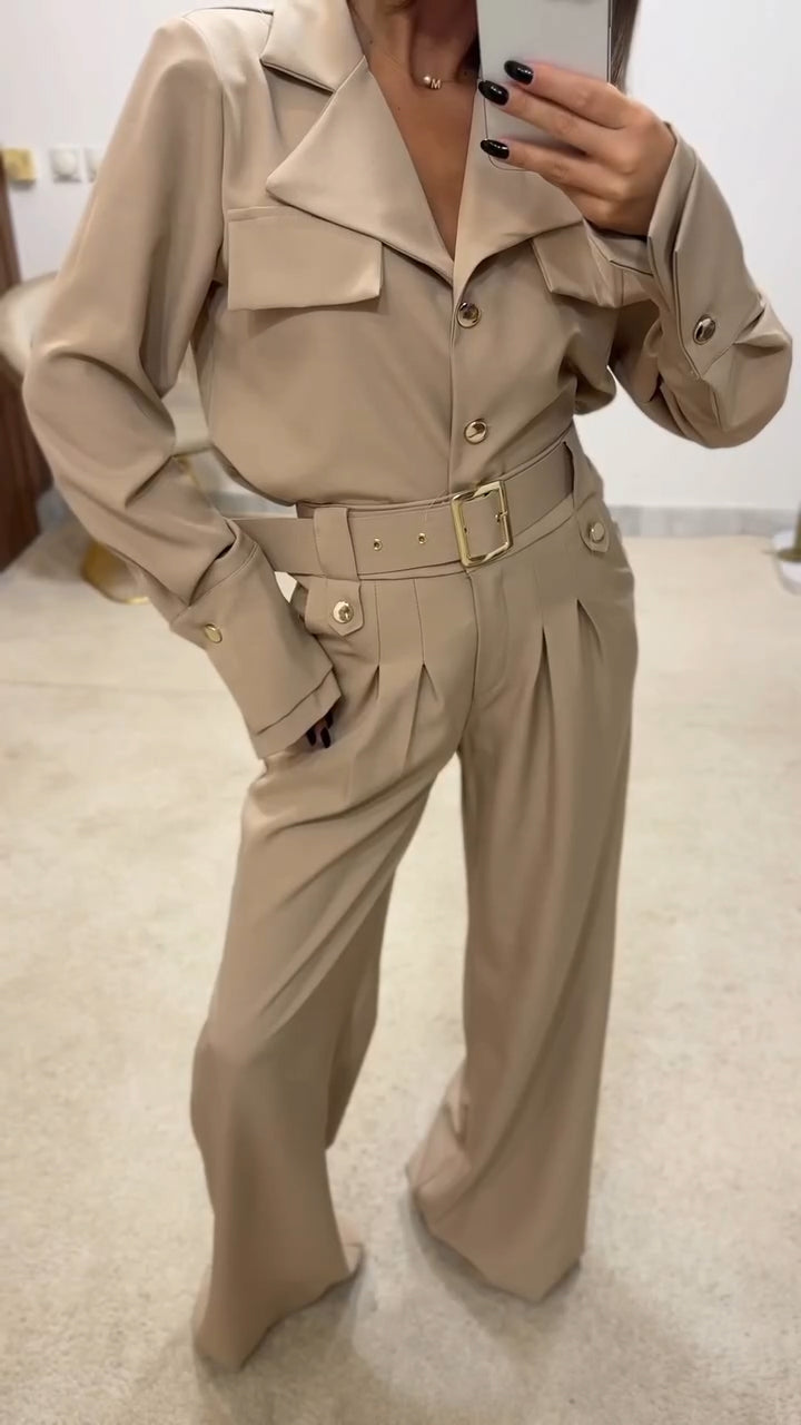 Women Lapel Top + Pants Temperament Casual Suit