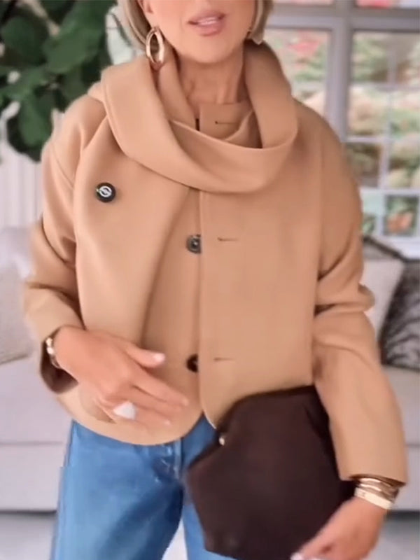 Women Round Neck Buckle with Scarf Coat
