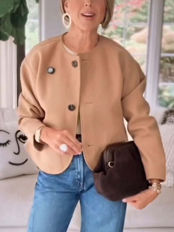 Women Round Neck Buckle with Scarf Coat