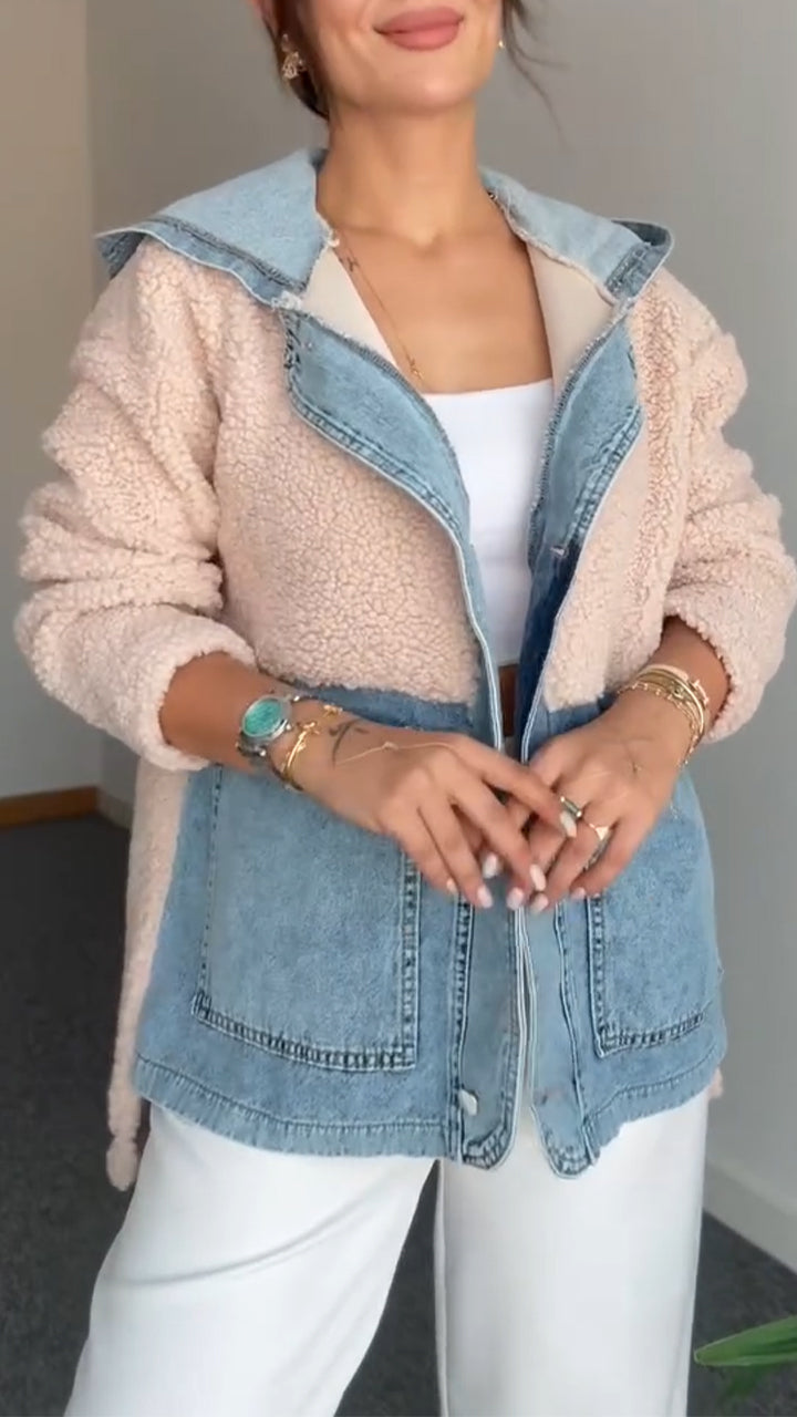 Women Collar Spliced Denim Casual Plush Coat