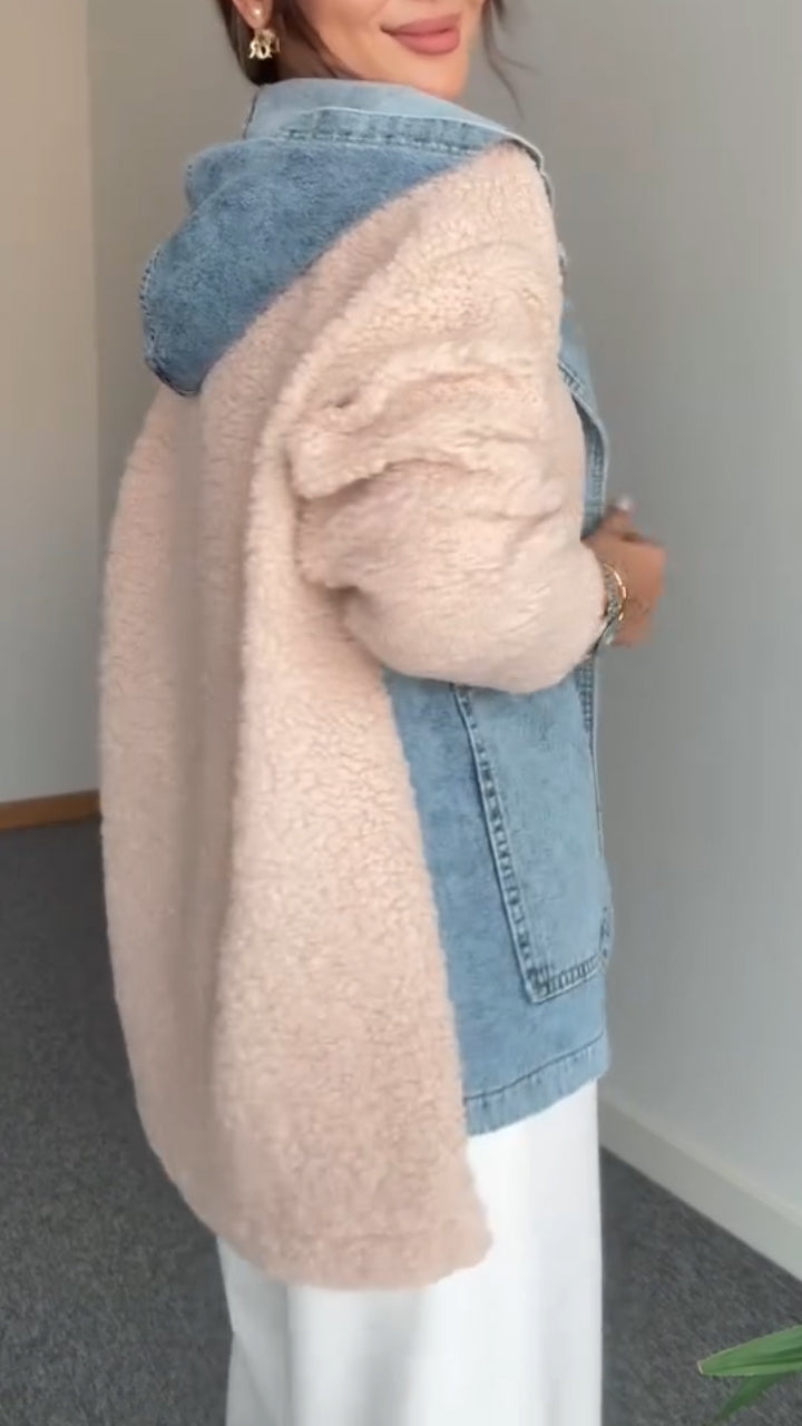 Women Collar Spliced Denim Casual Plush Coat