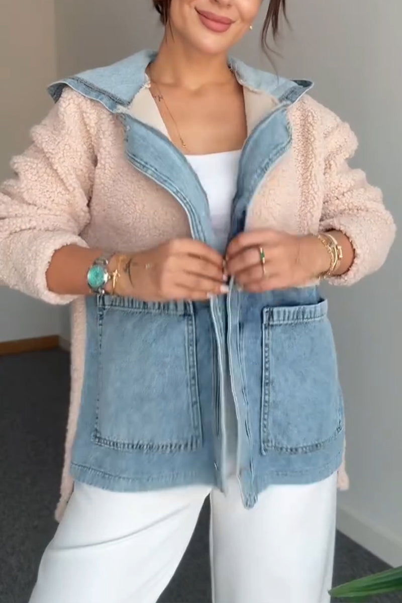 Women Collar Spliced Denim Casual Plush Coat