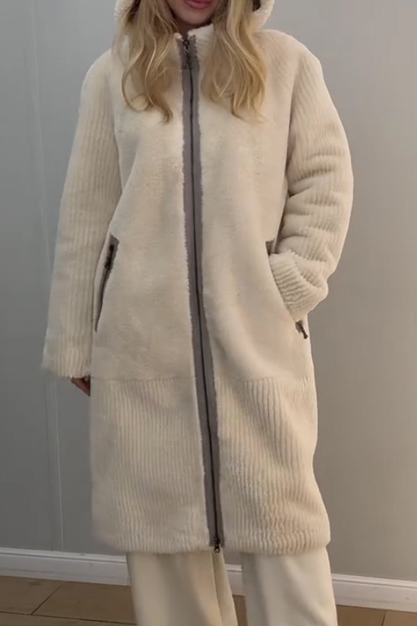 Women Plush Striped Texture Hooded Zipper Pocket Long Coat