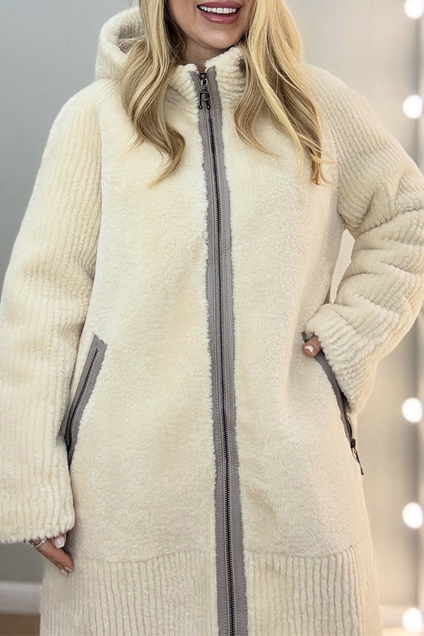 Women Plush Striped Texture Hooded Zipper Pocket Long Coat