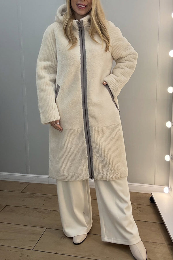 Women Plush Striped Texture Hooded Zipper Pocket Long Coat
