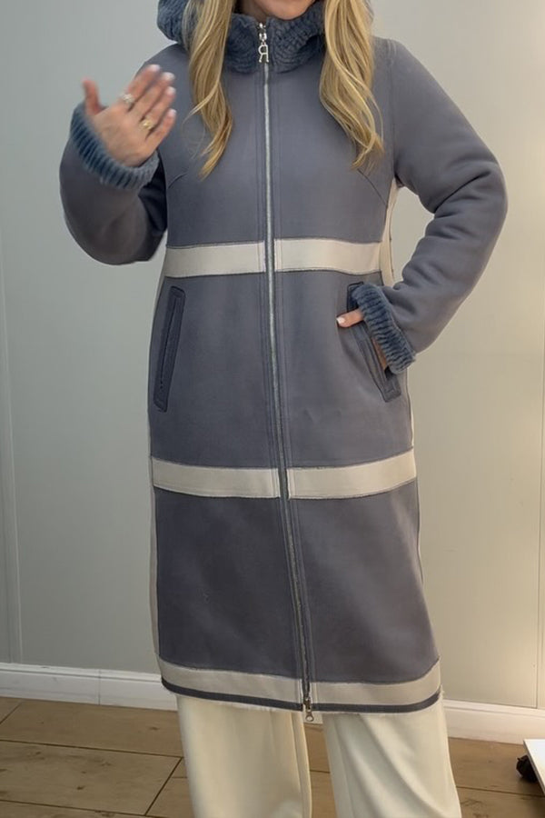 Women Casual Plush Striped Hooded Drawstring Zipper Pocket Reversible Coat
