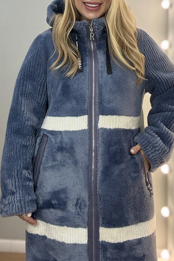 Women Casual Plush Striped Hooded Drawstring Zipper Pocket Reversible Coat