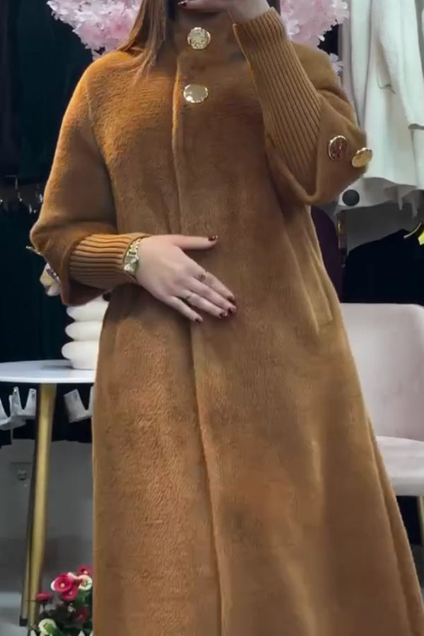 Women Elegant Turtleneck Knit Sleeves Large Button Plush Long Coat