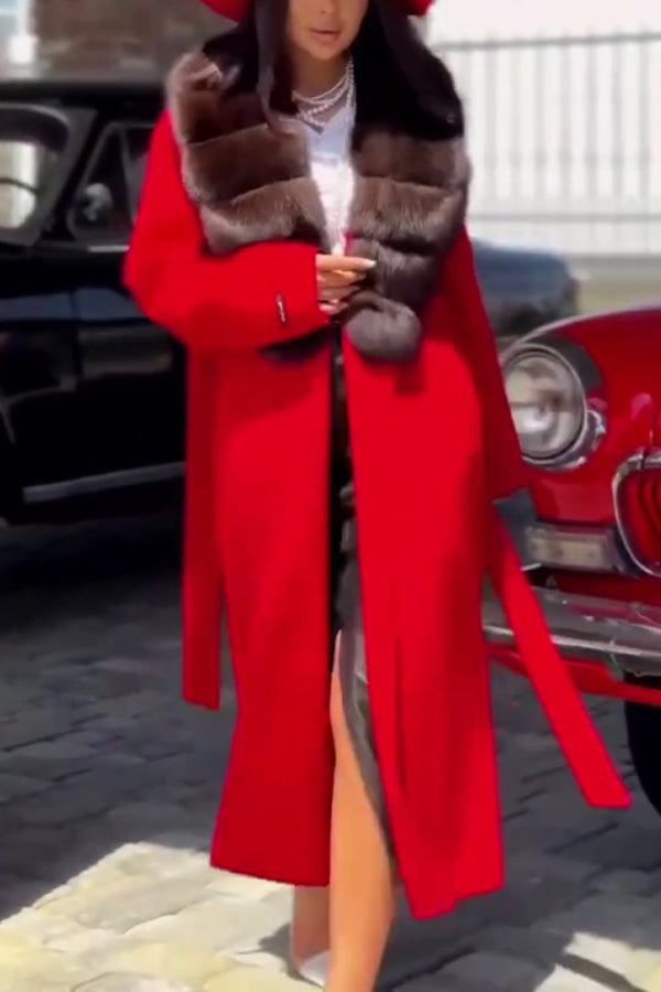 Women Elegant Contrast Color Fur Collar Slit Long Coat