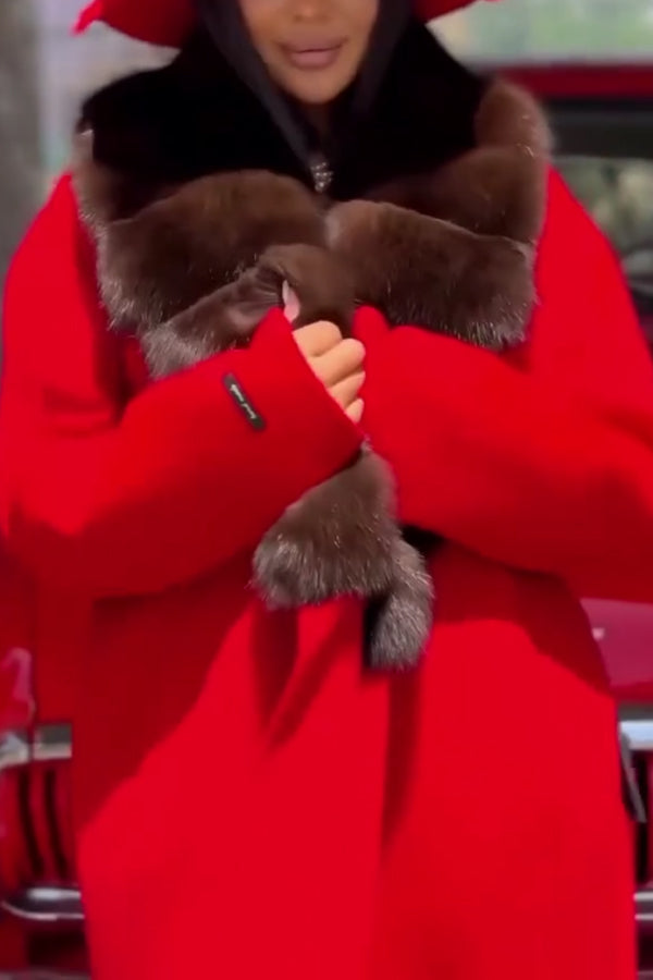 Women Elegant Contrast Color Fur Collar Slit Long Coat