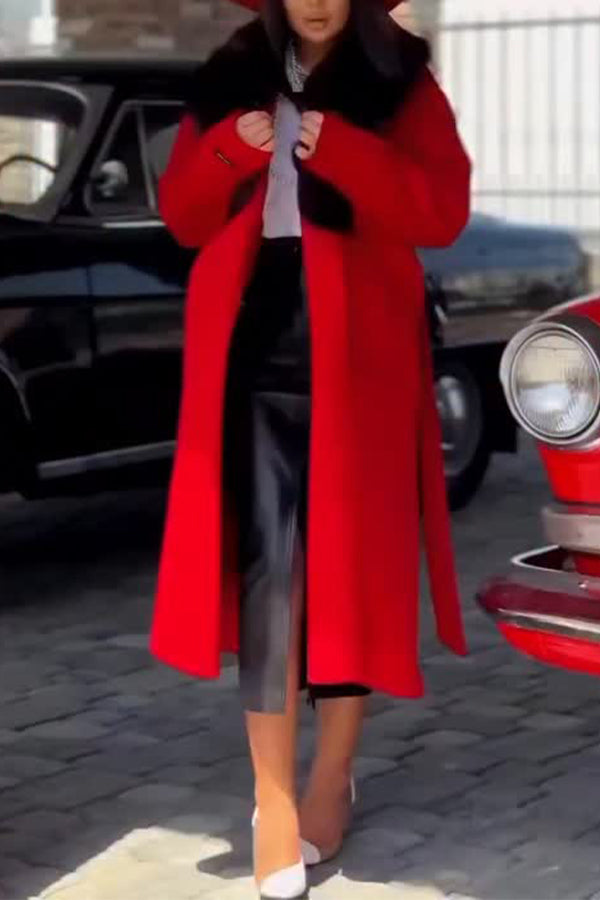 Women Elegant Contrast Color Fur Collar Slit Long Coat
