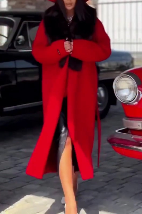 Women Elegant Contrast Color Fur Collar Slit Long Coat