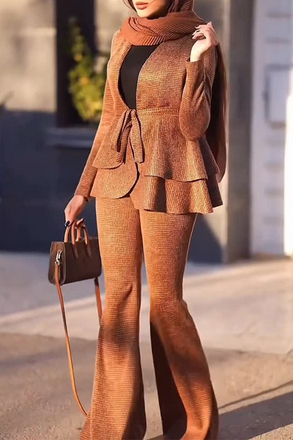 Women Elegant Deep V Tie Double Ruffle Hem Cardigan + Flared Pants Suit