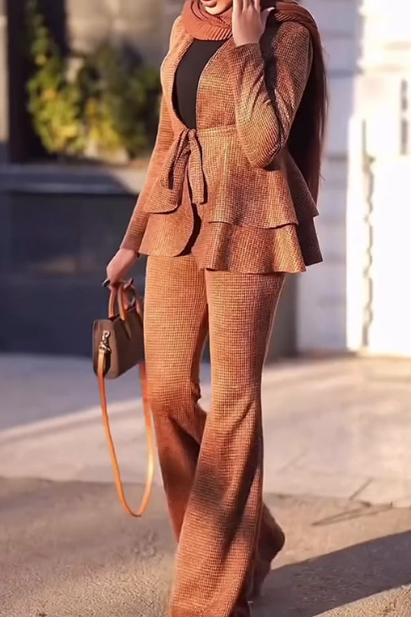 Women Elegant Deep V Tie Double Ruffle Hem Cardigan + Flared Pants Suit