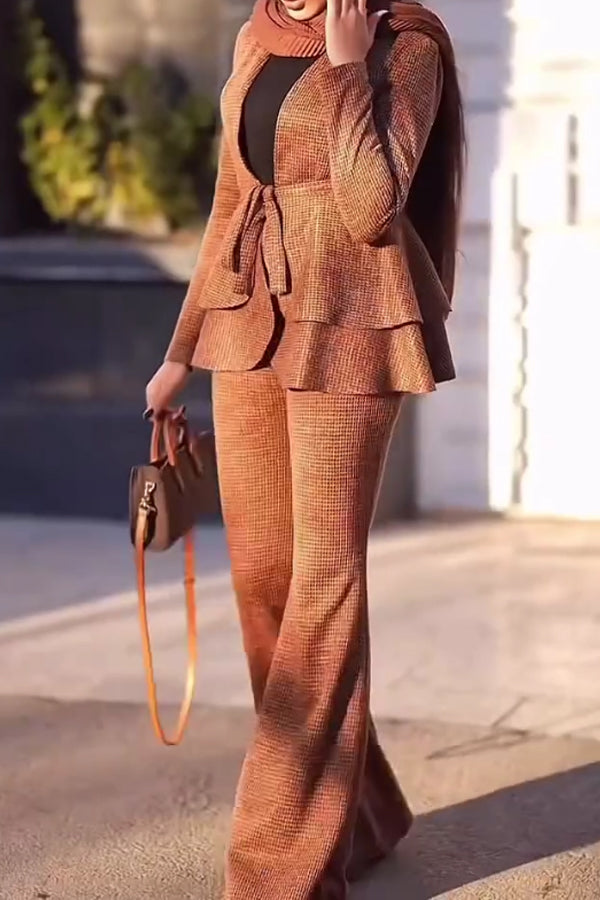 Women Elegant Deep V Tie Double Ruffle Hem Cardigan + Flared Pants Suit