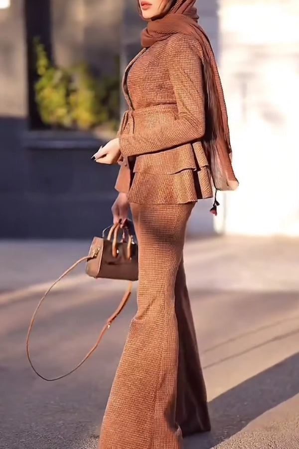 Women Elegant Deep V Tie Double Ruffle Hem Cardigan + Flared Pants Suit