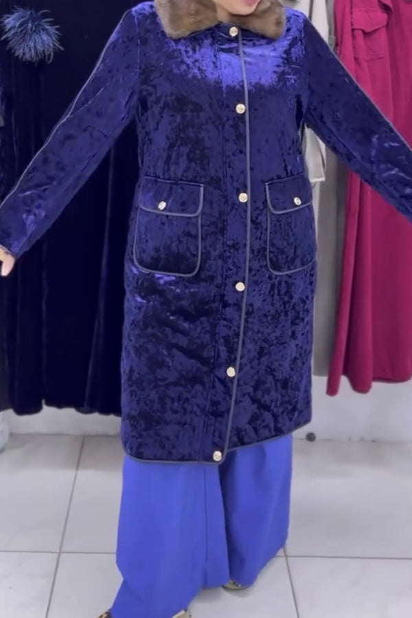 Women Elegant Velvet Glossy Fur Collar Lace-up Long Coat