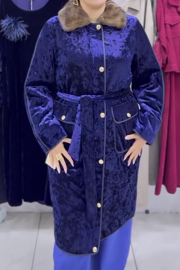Women Elegant Velvet Glossy Fur Collar Lace-up Long Coat