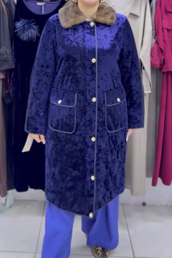 Women Elegant Velvet Glossy Fur Collar Lace-up Long Coat