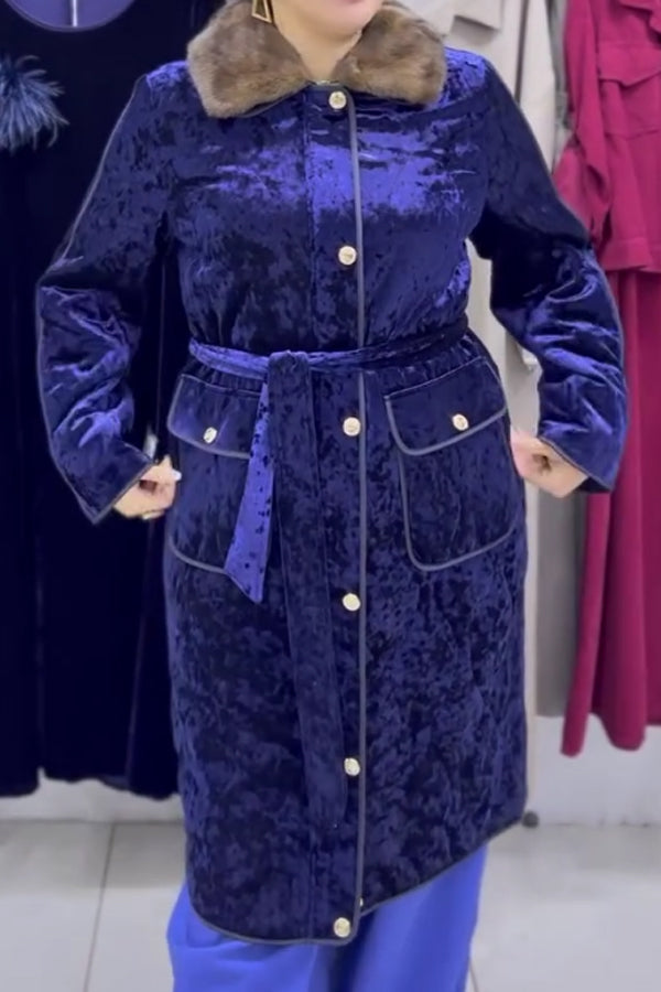 Women Elegant Velvet Glossy Fur Collar Lace-up Long Coat