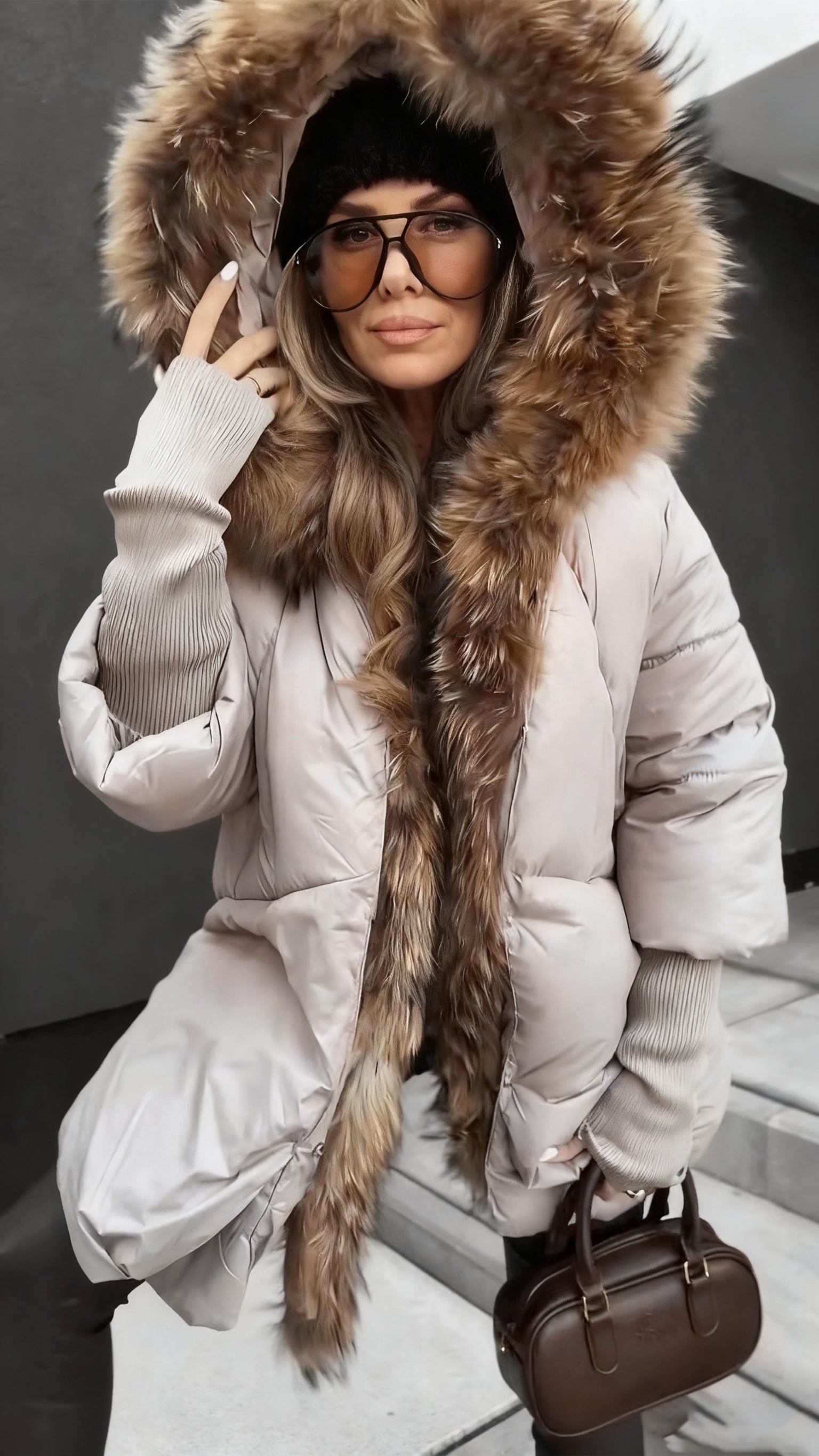 Women Fur Collar and Spliced sleeves Casual Cotton Coat