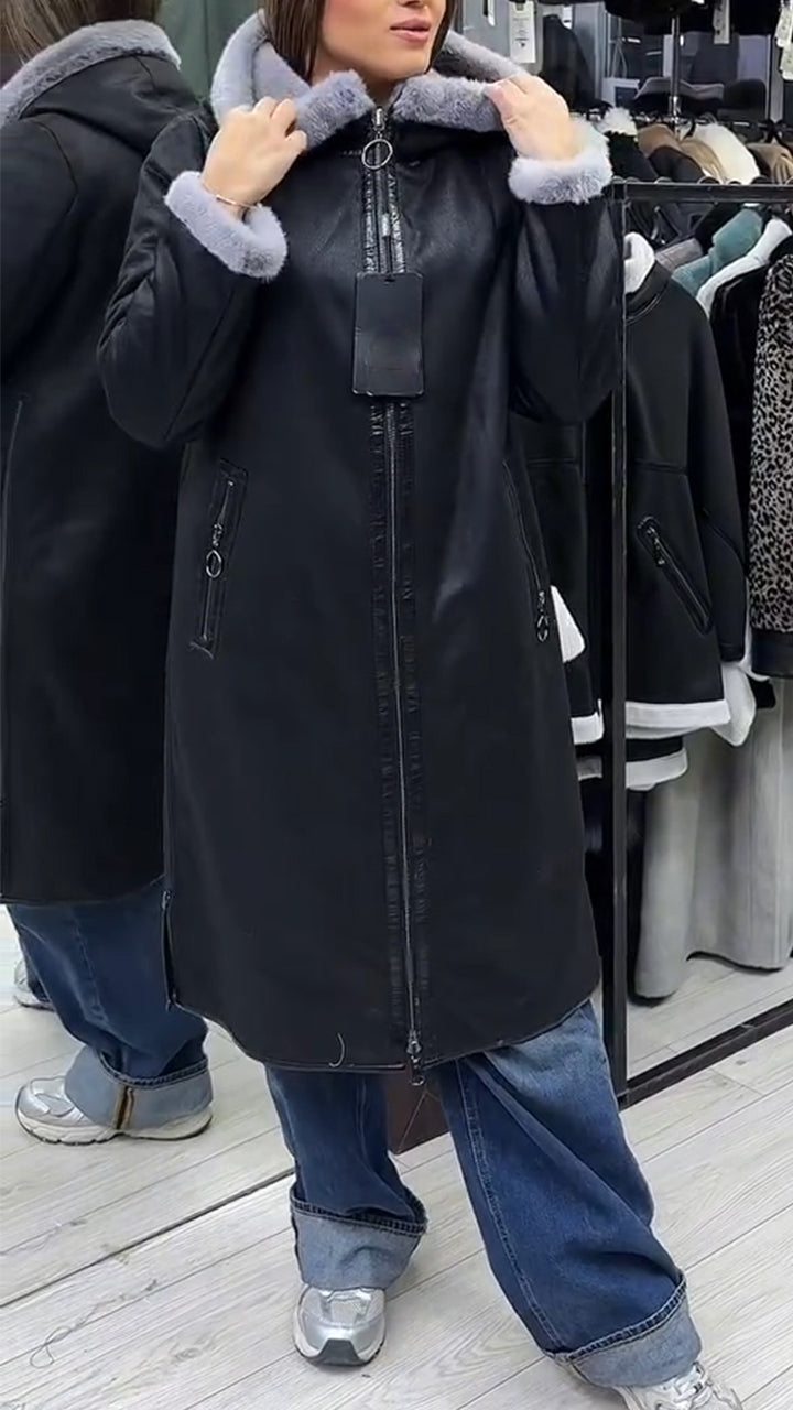 Women Leather Lining Plush Casual Coat