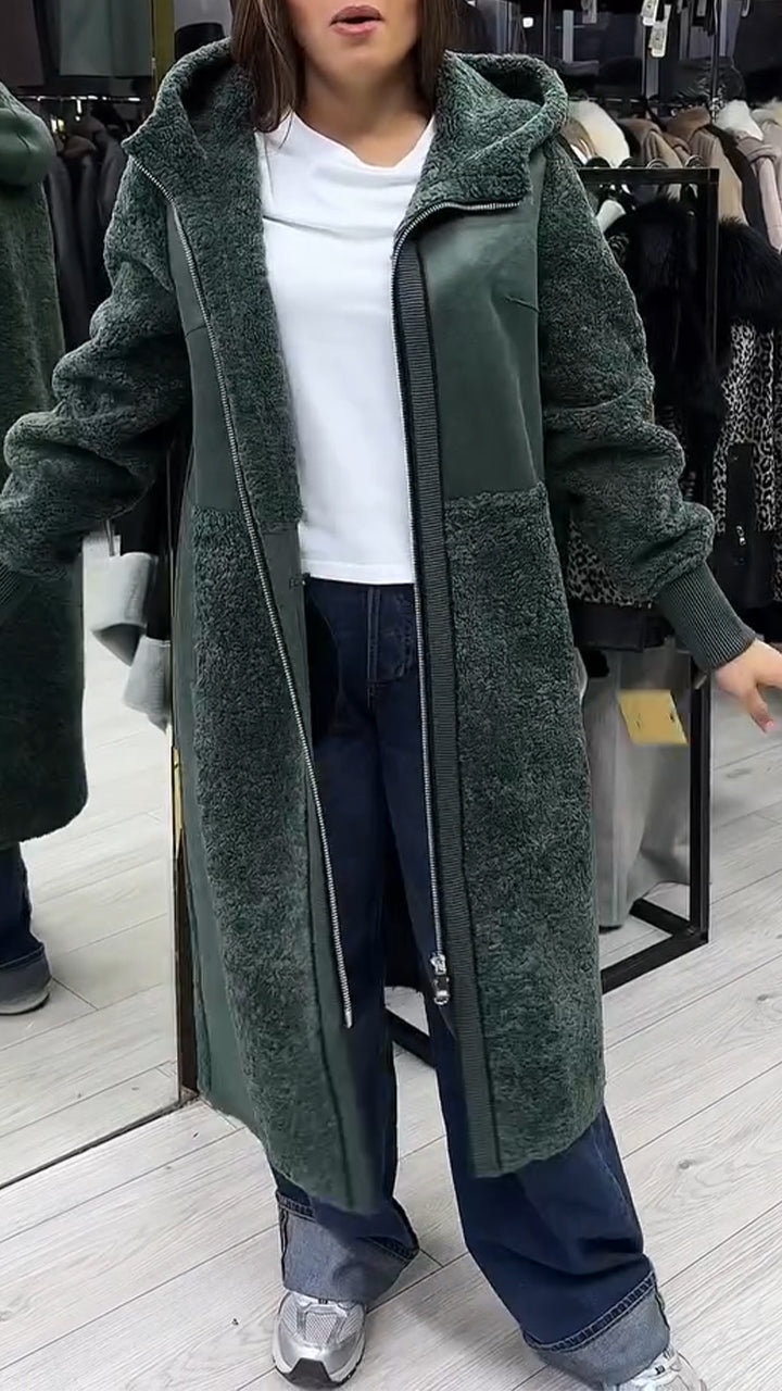 Women Hooded Patchwork Plush Casual Coat