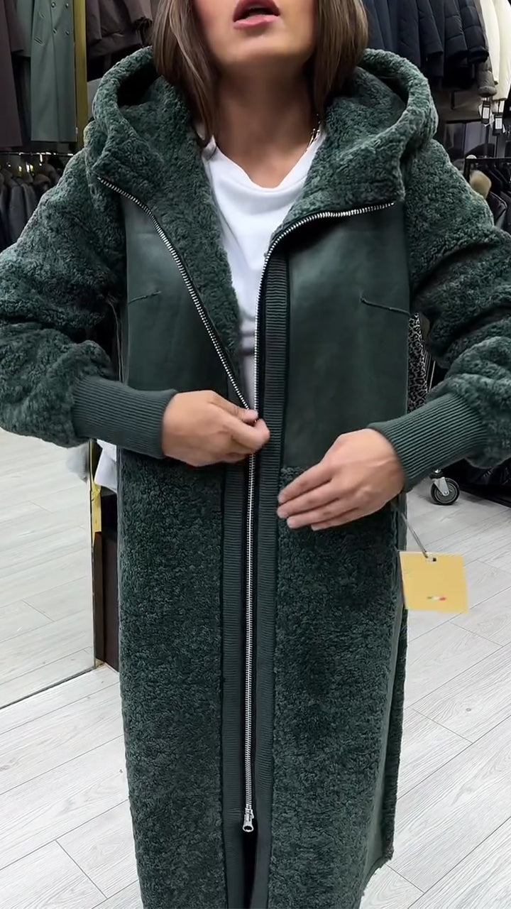 Women Hooded Patchwork Plush Casual Coat