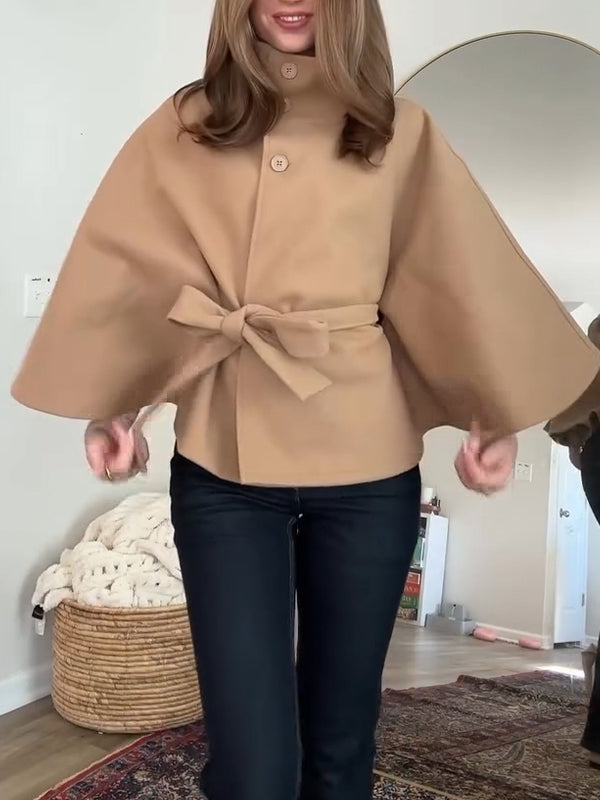 Women Stand Collar Waist Tie-Drawstring Temperament Casual Coat