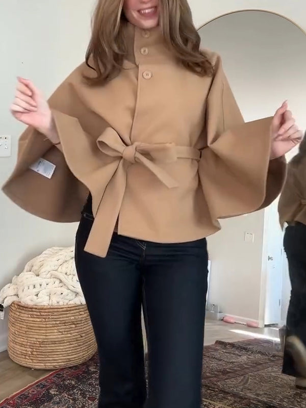 Women Stand Collar Waist Tie-Drawstring Temperament Casual Coat