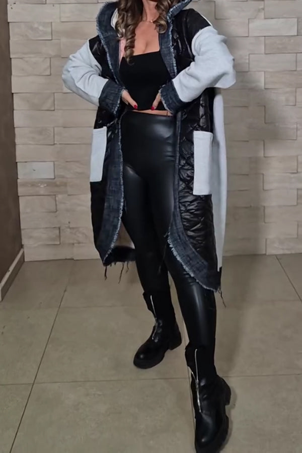 Women Casual Contrast Denim Hooded Long Coat