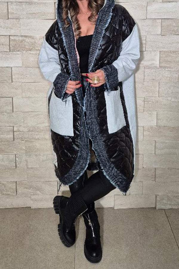 Women Casual Contrast Denim Hooded Long Coat