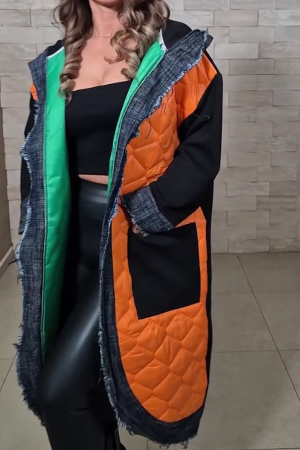 Women Casual Contrast Denim Hooded Long Coat
