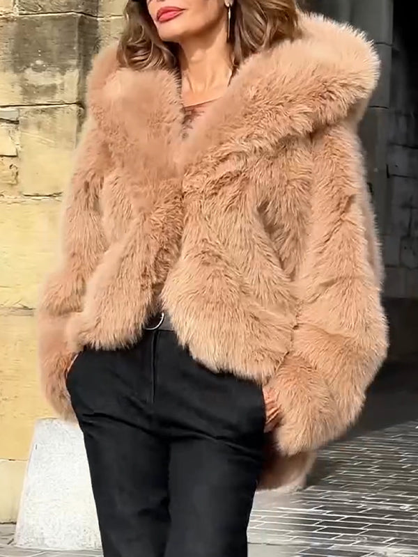 Women Hooded Solid Color Temperament Casual Plush Coat