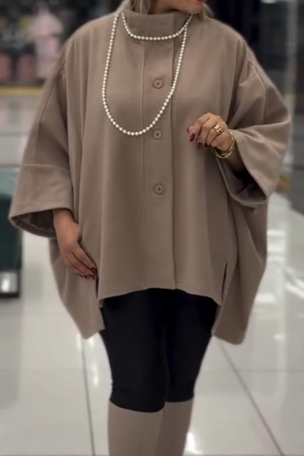 Women Elegant Simple Stand Collar Button Batwing Sleeve Cape Coat