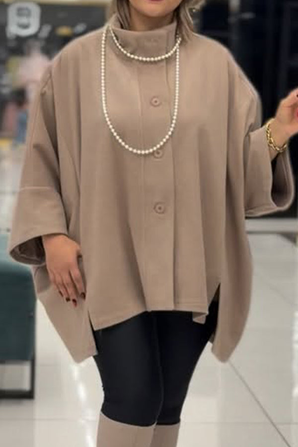 Women Elegant Simple Stand Collar Button Batwing Sleeve Cape Coat