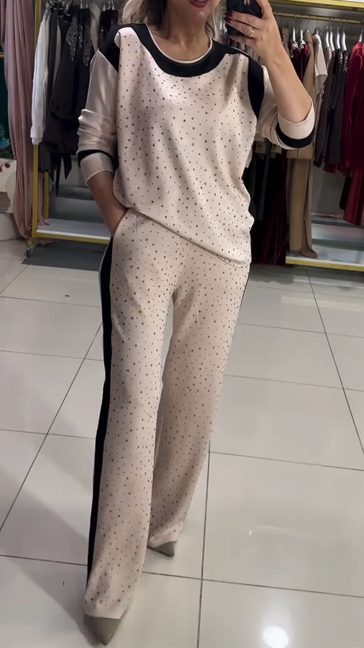 Women Round Neck Rhinestone Casual Suit