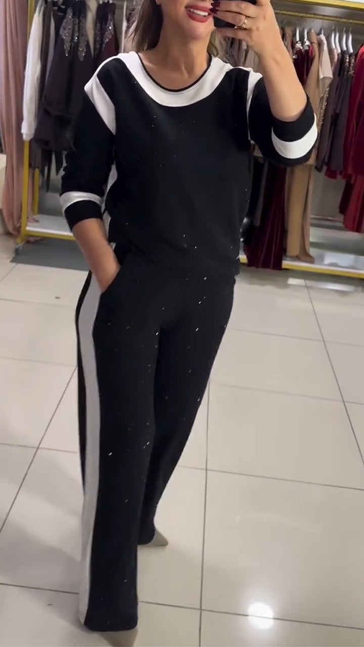 Women Round Neck Rhinestone Casual Suit