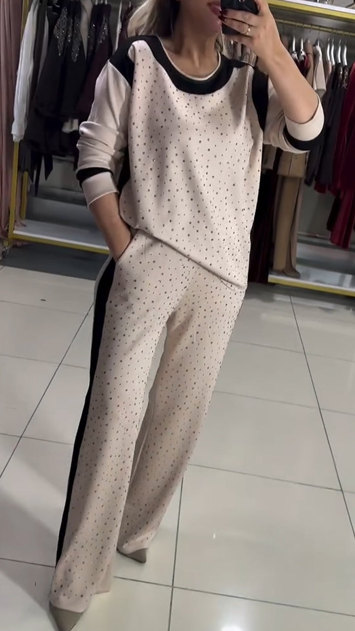Women Round Neck Rhinestone Casual Suit