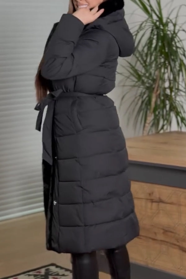 Women Elegant Hooded Plush Button-Tie Warm Long Coat