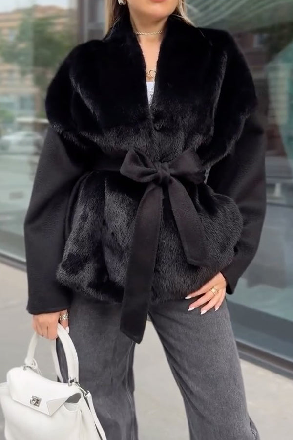Women Elegant Plush Paneled Knit Sleeve Waist Tie Coat