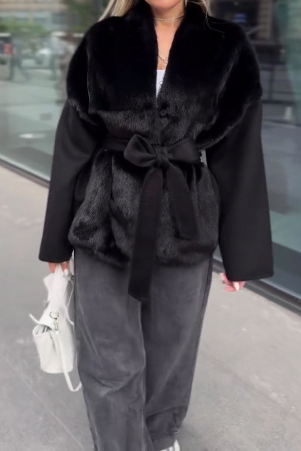 Women Elegant Plush Paneled Knit Sleeve Waist Tie Coat