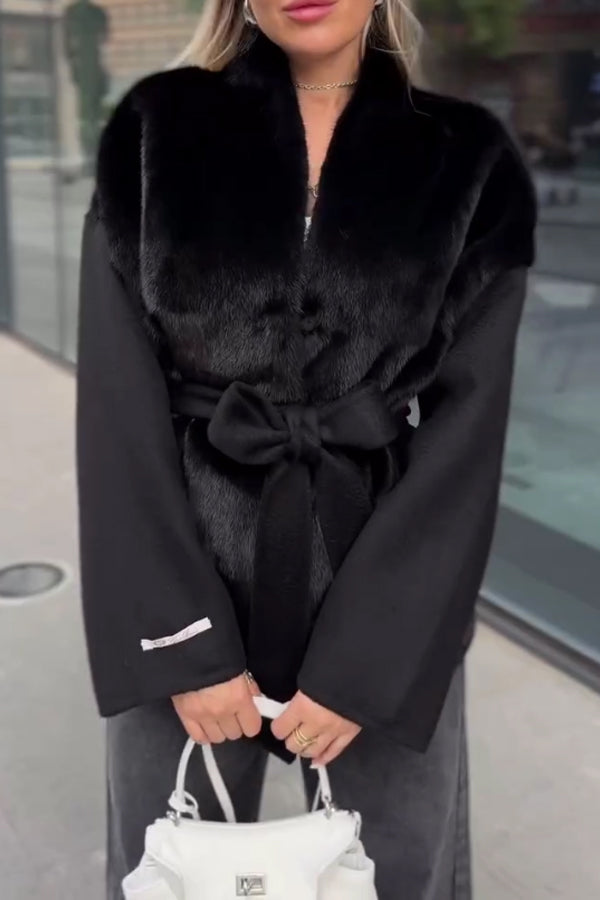 Women Elegant Plush Paneled Knit Sleeve Waist Tie Coat