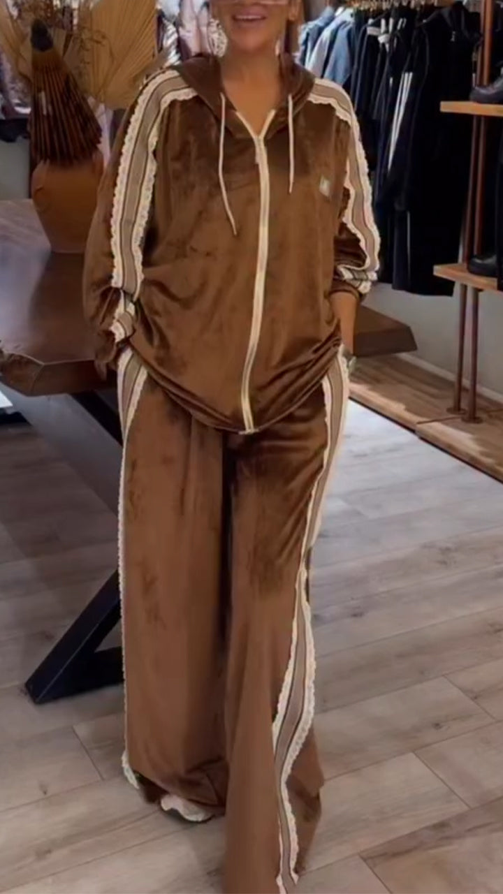 Women Round Neck Hooded Patchwork Jacket + Pants Casual Suit